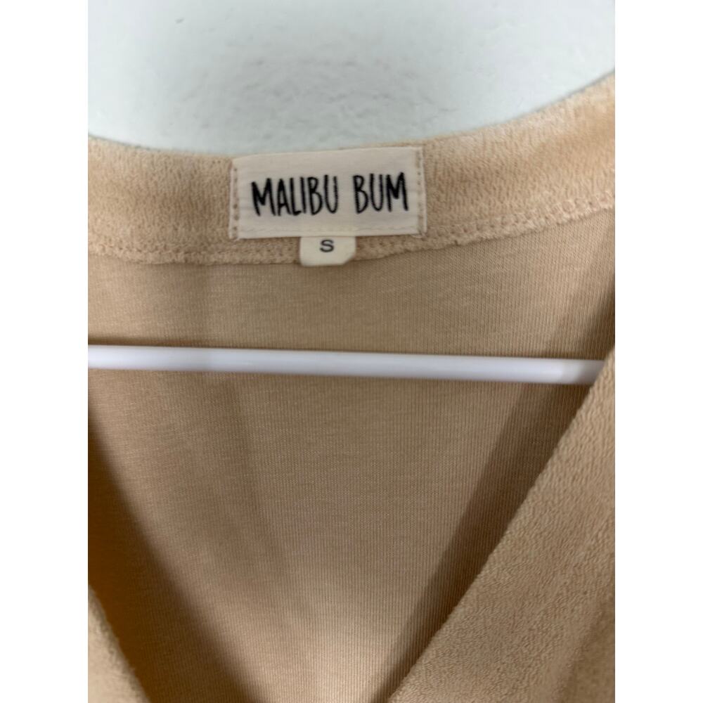 Malibu Bum Tan Terry Cloth Romper Size Small V-Neck Drawstring Lounge - Picture 2 of 4